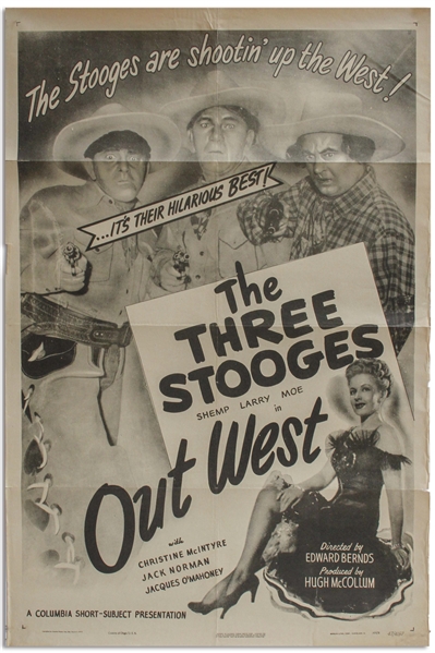 27'' x 41'' One-Sheet Poster for The Three Stooges Film ''Out West'', Columbia 1947 -- NSS# 47/4157 -- Separation Starting Along a Few Folds, Longest One 1.75'', Overall Very Good